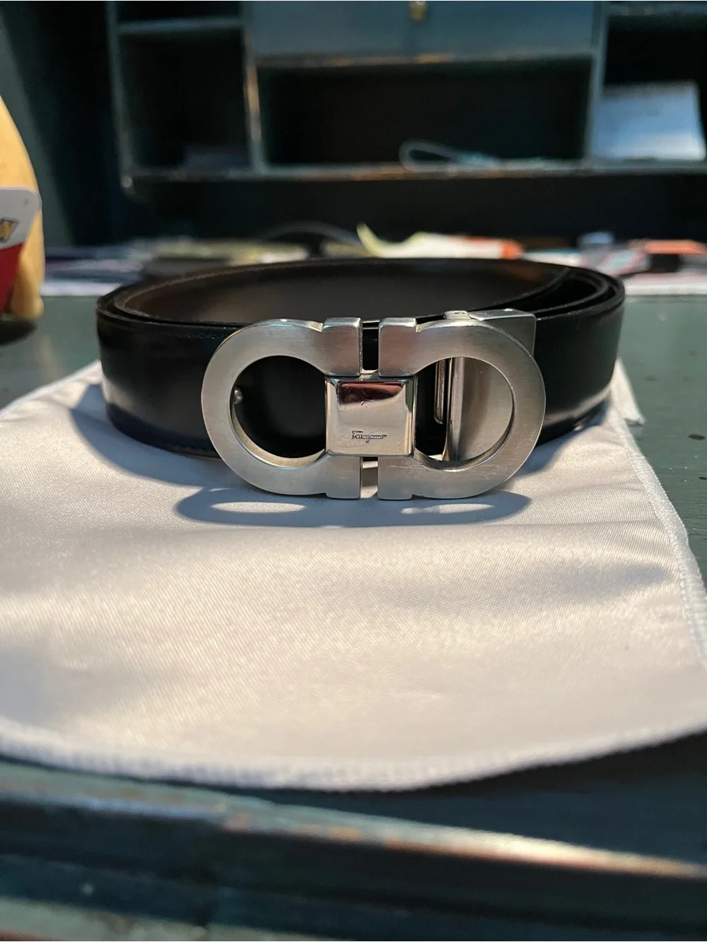 Salvatore Ferragamo Black Leather Belt with Silver Double Gancini Buckle